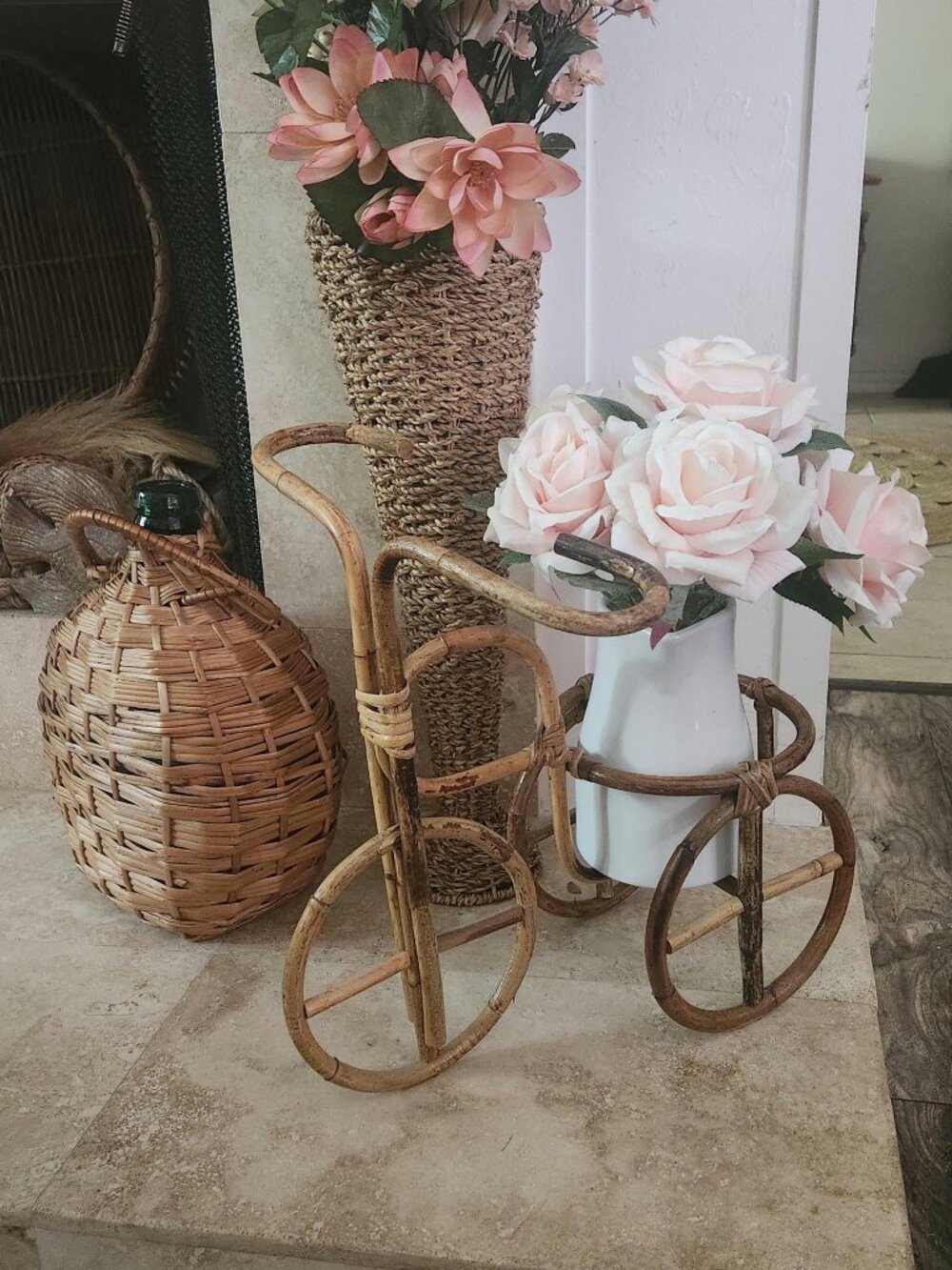 Vintage Rattan Bamboo Tricycle Planter
